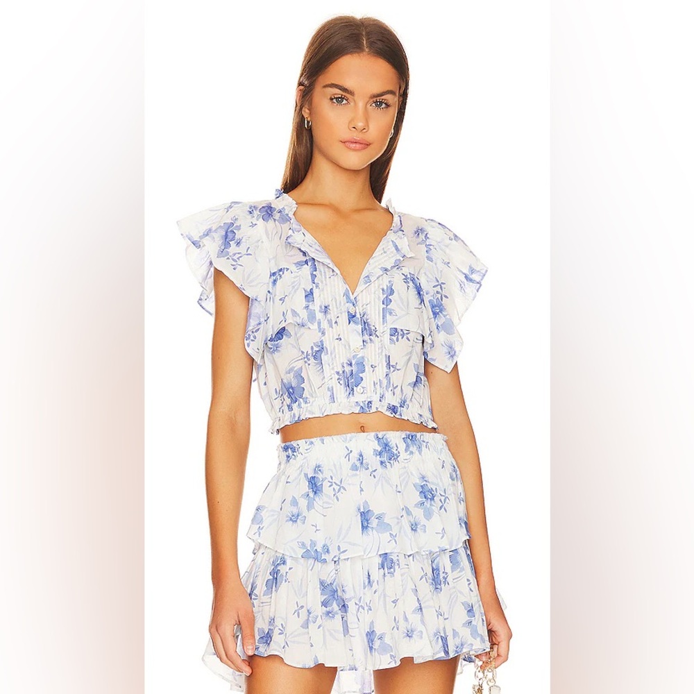 NWT LoveShackFancy Ruffle Mini Skirt Blue Floral Strong Current